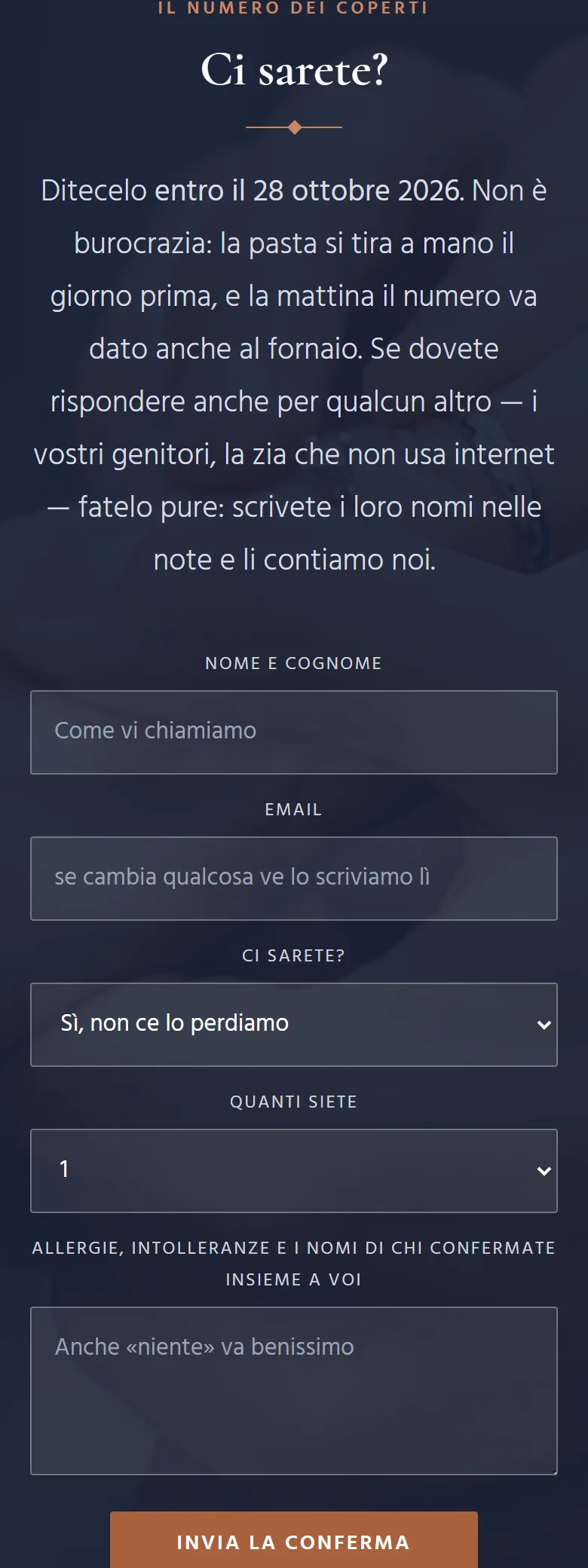 Il modulo delle conferme del modello Giulia e Matteo, visto sul telefono